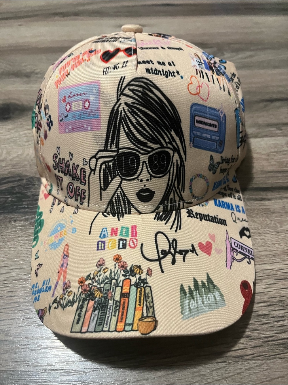 Taylor Swift Beige Graphic Collage Baseball Cap with Black Illustration